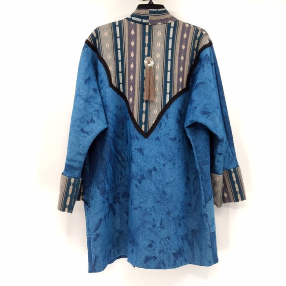 MARY REYNOLDS DESIGN Jacket M/L Blue Textured Denim Western Open Duster Tassel - Picture 3 of 15